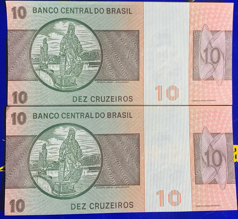 2 Cédulas 10 Cruzeiros Banco Central do Brasil Antigas Coleção Linda Cédulas Series