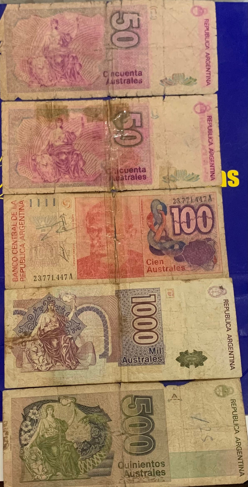 5 Cédulas 50 Australes, 109 Australes, 500 Australes e 1000 Australes