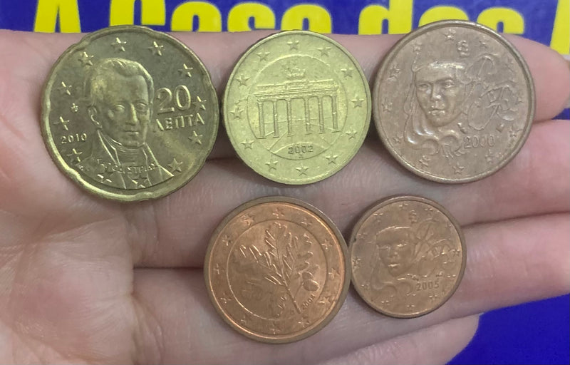 5 Moedas 1 Cent,  2 Cent, 5 Cent, 10 Cent e 20 Cent