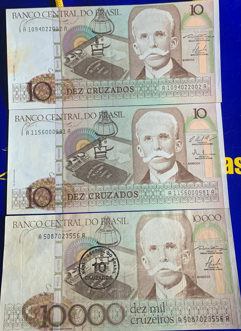 3 Cédulas 10 Cruzados Banco Central  Coleção