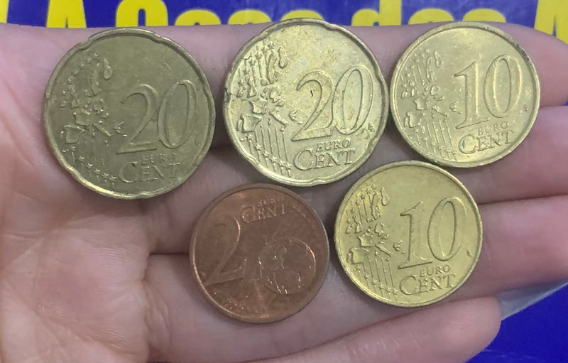 5 Moedas 2 Cent, 10 Cent e 20 Cent de Euro