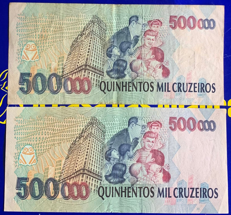 2 Cédulas 500,000 Mil Cruzeiros Banco Central do Brasil Raras Brasil Antigas Coleção Linda Cédulas