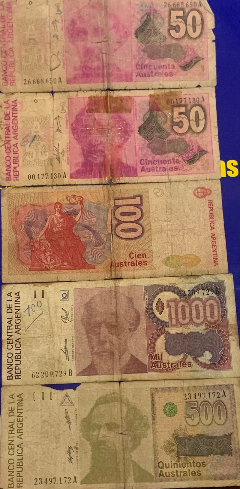 5 Cédulas 50 Australes, 109 Australes, 500 Australes e 1000 Australes