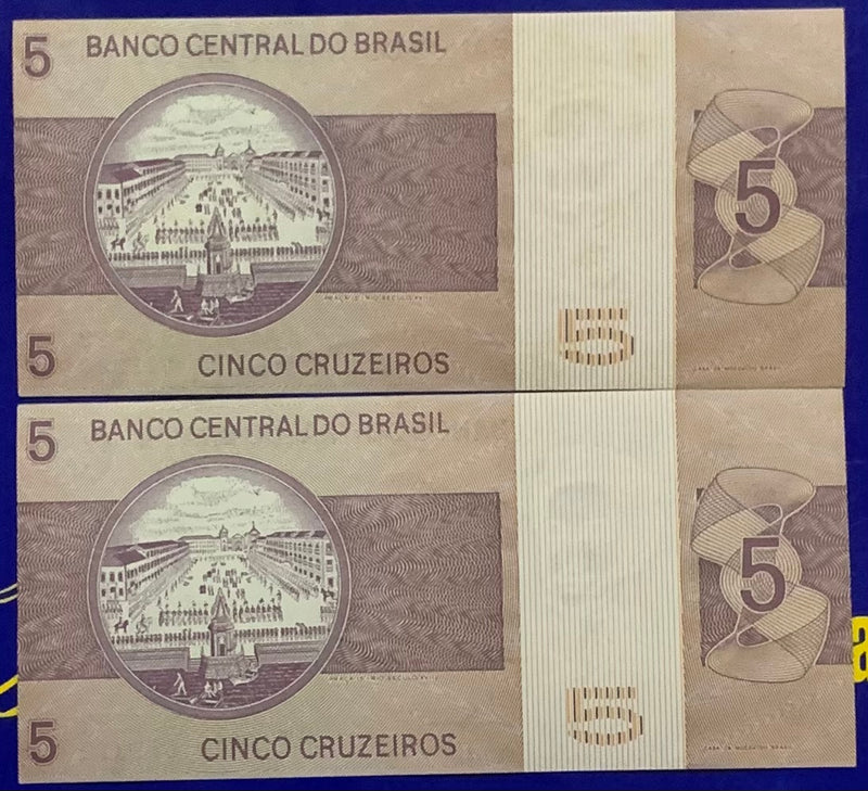 5 Cédulas 5 Cruzeiros Em seguêcia Banco Central do Brasil Antigas Coleção