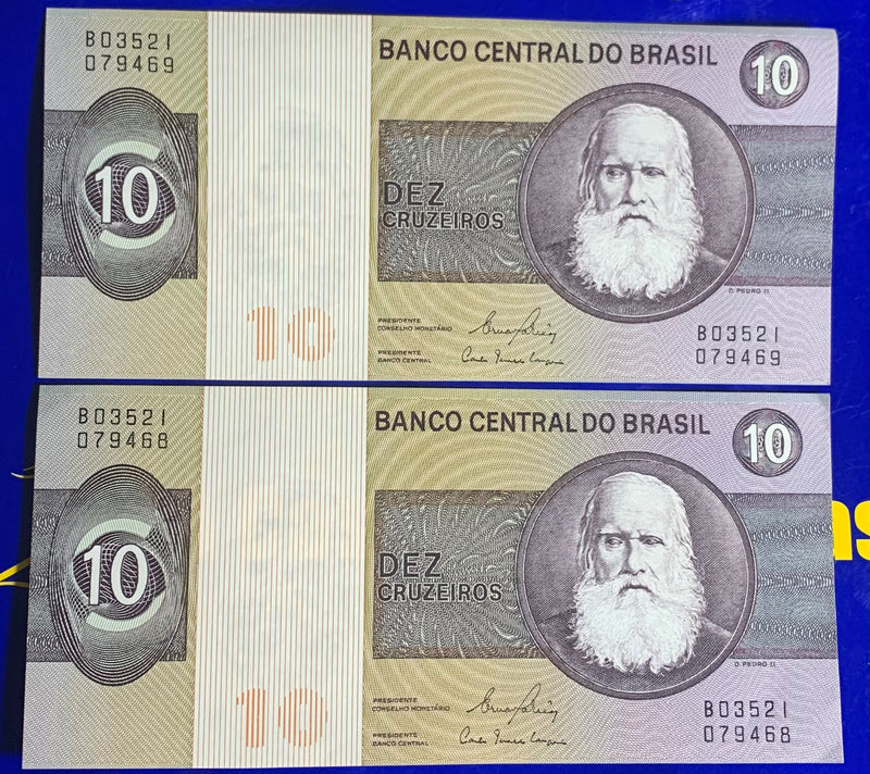 2 Cédulas 10 Cruzeiros Banco Central do Brasil Antigas Coleção Linda Cédulas Series