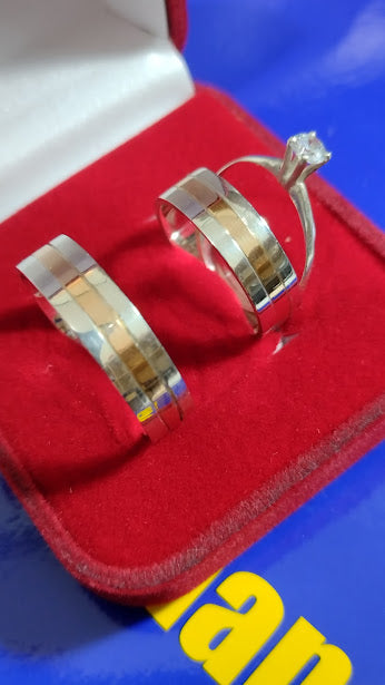 Alianças Prata 950 com Ouro 18 Kilates Namoro ,Compromisso Noivado, Casamento 7 mm Ouro 2mm e anel Solitário