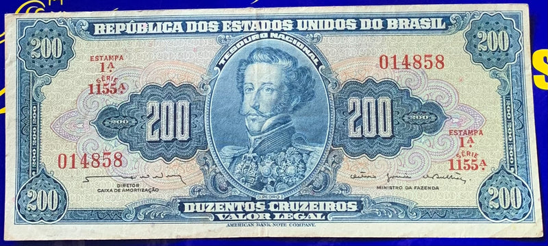 Cédula 200 Cruzeiros República dos Estados Unidos Do Brasil Antigas Coleção Brasil Rara e Nova