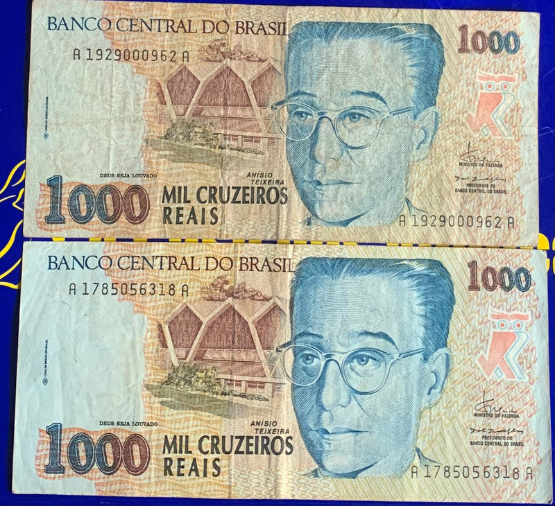 2 Cédulas  Raras Mil Cruzeiros Banco Central do Brasil Antigas Coleção Linda Cédulas