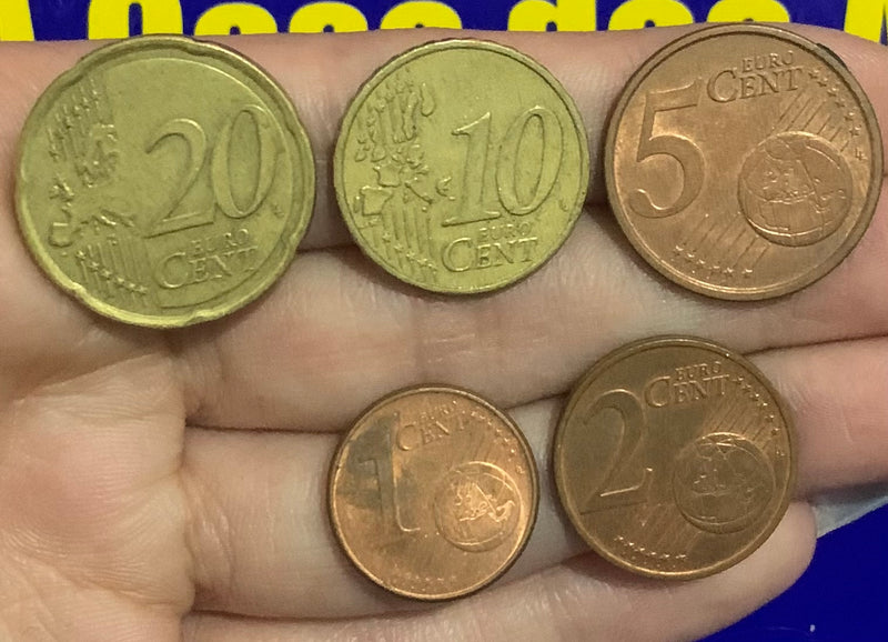 5 Moedas 1 Cent, 2 Cent, 10 Cent e 20 Cent