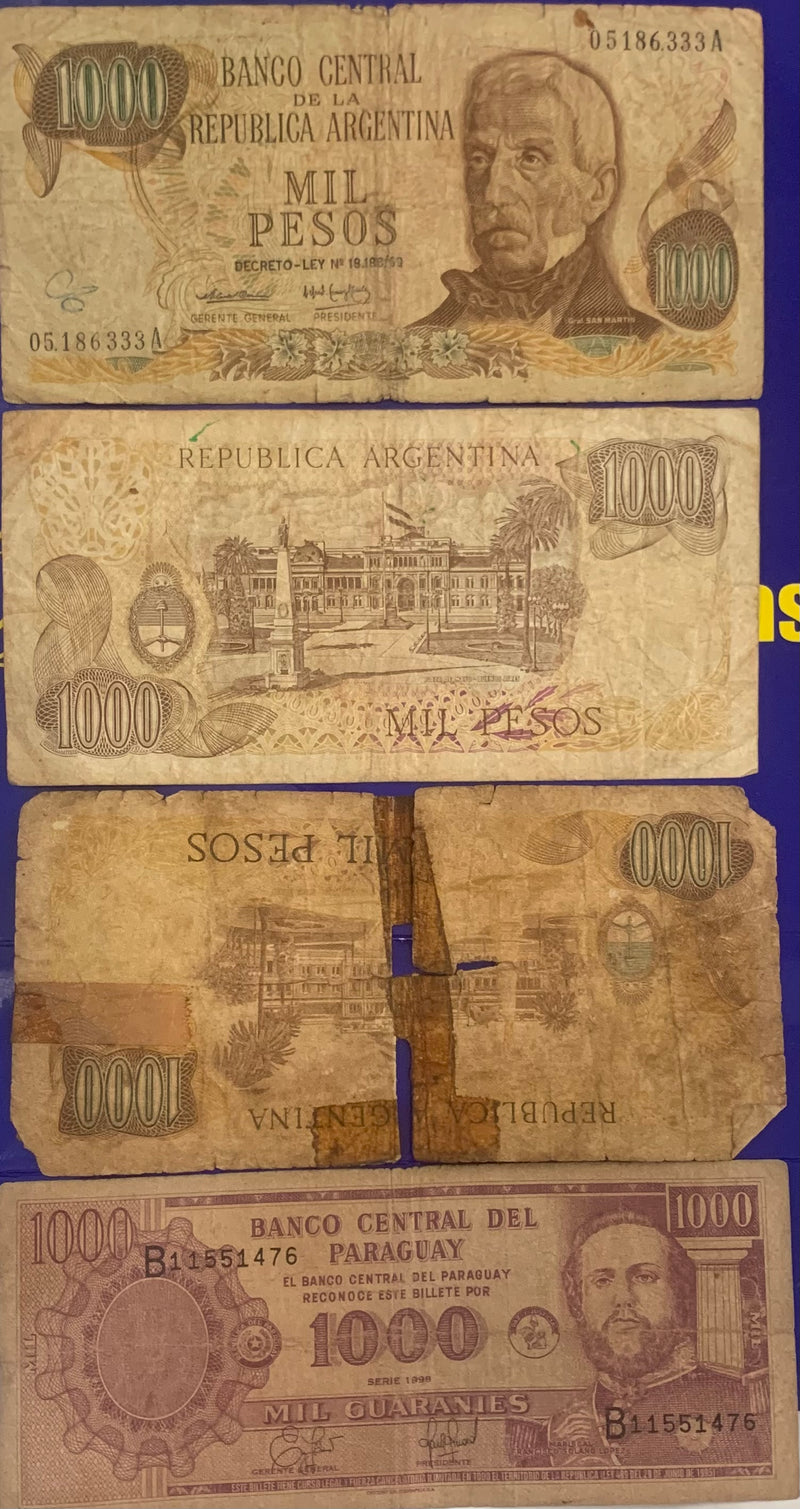 19 Cédulas 1 Peso, 2 Guaranies,, 5 Guaranies, 10 Pesos, 20, 100 Guaranies, 1000 Pesos e 10.000 Pesos