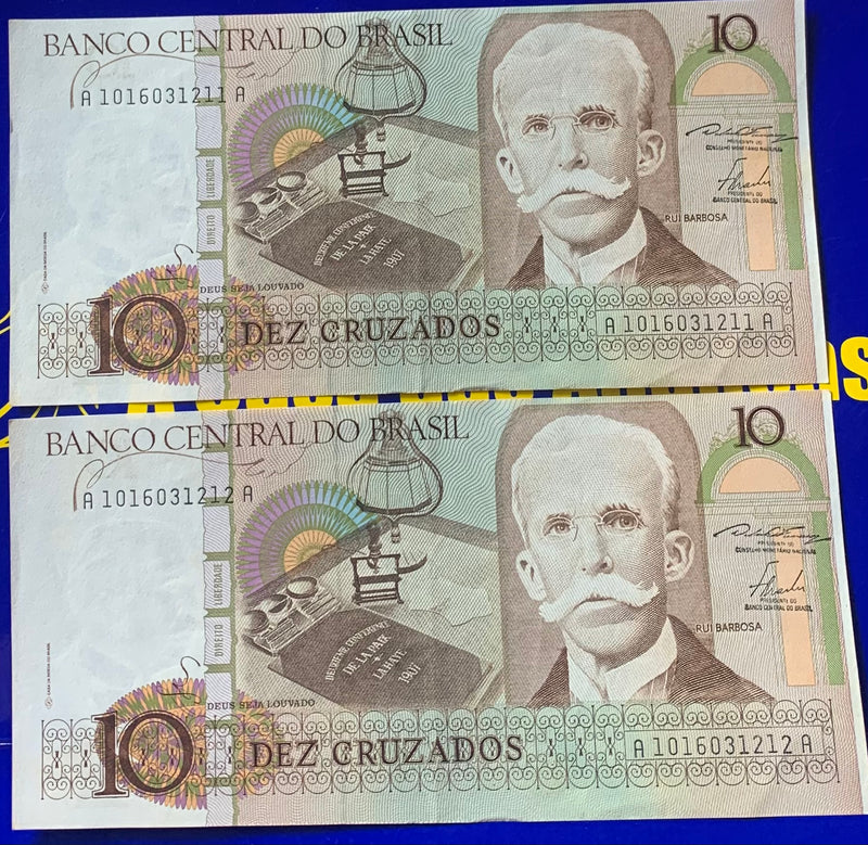 2 Cédulas Dez Cruzados Banco Central Do Brasil Antigas Coleção Linda Cédulas