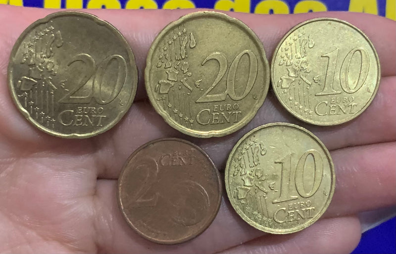 5 Moedas 2 Cent, 10 Cent e 20 Cent de Euro