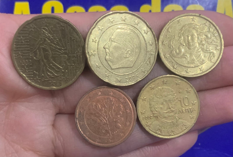 5 Moedas 2 Cent, 10 Cent e 20 Cent de Euro