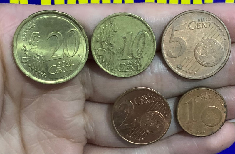 5 Moedas 1 Cent, 2 Cent, 5 Cent, 10 Cent e 20 Cent Euro