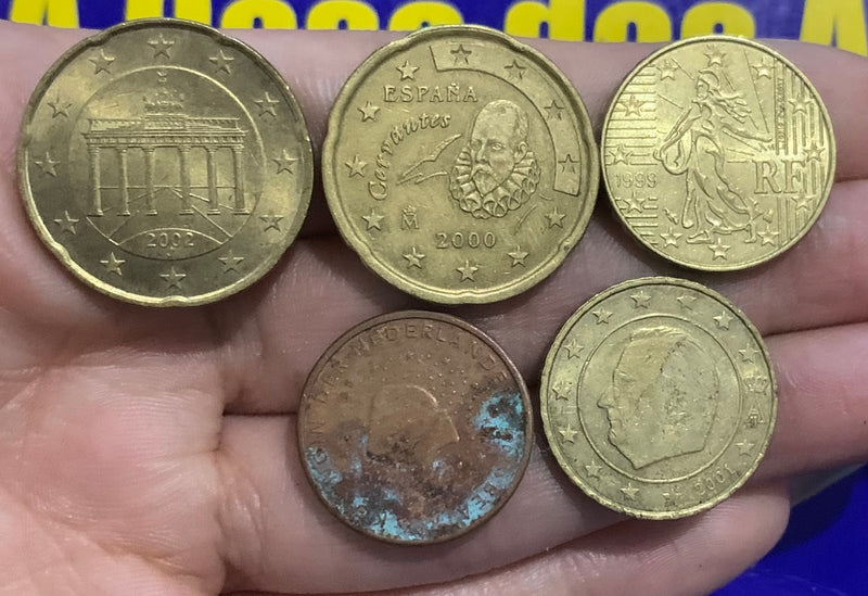 5 Moedas 2 Cent, 10 Cent e 20 Cent de Euro