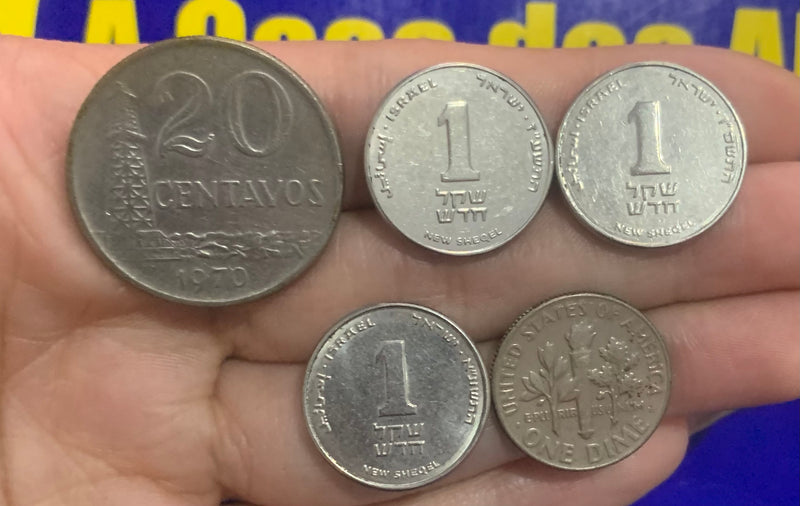 5 Moedas 1 Cent de Euro e 20 Centavos Brasil