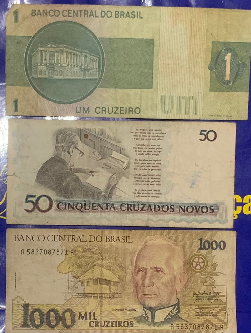 6 Cédulas 1 Cruzeiro, 50 Cruzeiros, 1.000 Cruzeiros e 1.000 Cruzados