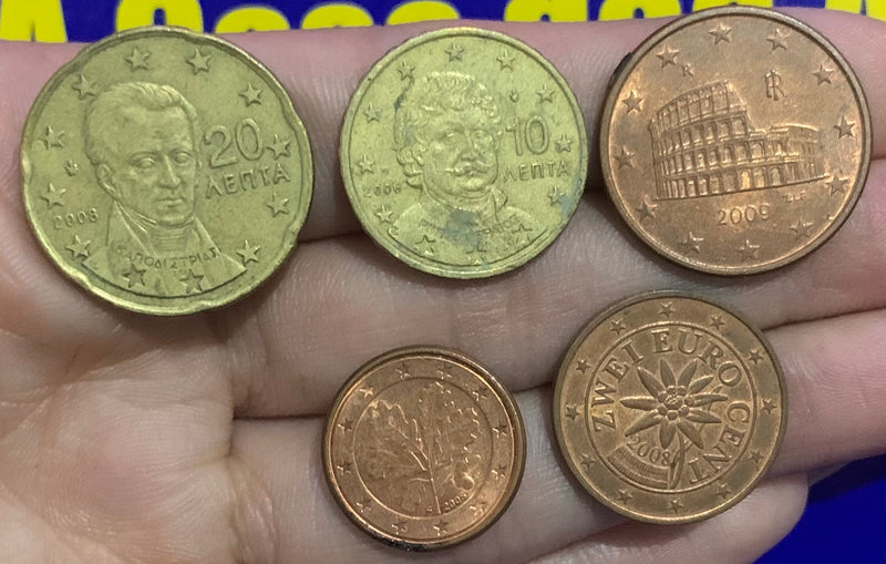 5 Moedas 1 Cent, 2 Cent, 10 Cent e 20 Cent