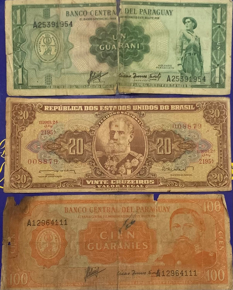 3 Cédulas 1 Guanani, 20 Cruzeiros e 100 Guaranies